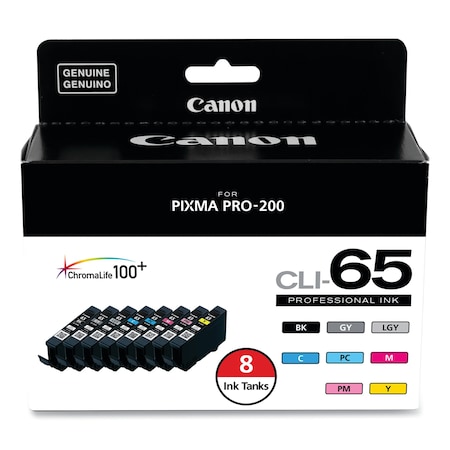 Canon CLI-65 Ink, Black/Cyan/Gray/Lt Gray/Mag/Photo Cyan/Photo Mag/Yel, PK8 4215C007